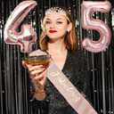 45th Birthday Gifts Decorations for Women, Including 45 year old Cake Topper, Birthday Queen Sash with Pearl Pin, Sweet Rhinestone Tiara Crown, Number Candles and Balloons Set, Rose Gold