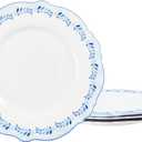 fanquare 8 Inch Porcelain Plates Set of 4, Blue Grass Ring Dessert Plates for Pasta, Pancakes, Steak, Microwave Safe Flat Farmhouse Style Decorative Plate