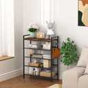 Refrze Shoe Rack for Front Door Entrance, 5 Tier Height-Adjustable Metal Shoe Rack, Sturdy Wooden Top and Tiltable Steel Frame Heavy Duty Shoe Organizer for Bathroom, Bedroom, Kitchen, Include Hook