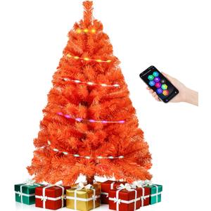 Orange 3ft Christmas Tree with Lights, Small 36inch Artificial Tree Mini Table Top Decorations, Xmas Desk Tree with 80 Colored Lights, 200 Branch, Holiday Decor for Home,Indoor Office Tabletop