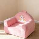 Kids Sofa Chair with Removable Washable Cover & Magic-Tape Backrest Toddler Chair, Cozy Crystal Velvet Furniture for Playtime, Naps & Travel (Soft Pink, Unicorn Design)