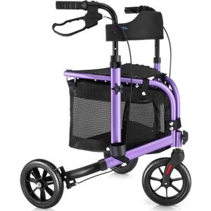 WALK MATE 3 Wheel Rollator Walker with Seat for Slim Seniors, Padded Backrest Lightweight Foldable Travel Walker Ideal for Elderly, 8 Inch Tri-Wheel Modern Mobility Walking Aid Aluminum, Purple
