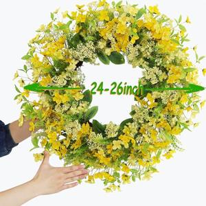 Faux Silk Cherry Blossom Flower Spring Summer Easter Wreath 24-26" for Front Door  Pink Purple Yellow Plum Blossom Green Eucalyptus Leaves  Farmhouse Front Porch Decor, Outdoor Indoor Use