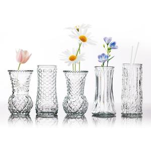 Glass Bud Vase, Transparent Cylindrical, Vintage Style, Wedding Centerpiece (Clear, 5 Pcs)