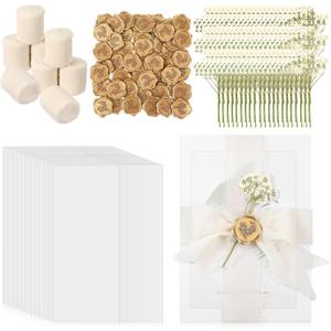 Fuyoooo 50 Sets Wedding Invitations Wraps Set Pre Folded Vellum Jackets for 5 x 7 inch Invitations Self Adhesive Gold Wax Seal Stickers Dried Baby's Breath Flowers Chiffon Silk Ribbon for Craft DIY