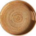 16.9" Round Rattan Tray, Hand Woven Serving Tray with Handles, Wicker Serving Basket, Decorative Tray for Home Decor, Natural