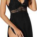 LYANER Women's Lingerie Sexy Lace Trim Sides Slit Spaghetti Straps Nightgown Babydoll Chemise Nightwear (M)