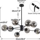 KCO Lighting 8 Lights Modern Sputnik Ceiling Light Fixture Black Globe Chandelier Smoke Gray Glass Chandelier Mid Century Hanging Light Fixture, 36.6" x 36.6" x 25.3"