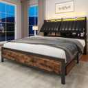 Queen Size Bed Frame with Adjustable Backrest Hidden Storage Headboard, PU Leather Upholstered Queen Bed Frame with Charging Station and LED Lights, Heavy Duty, No Box Spring Needed, Black&Brown