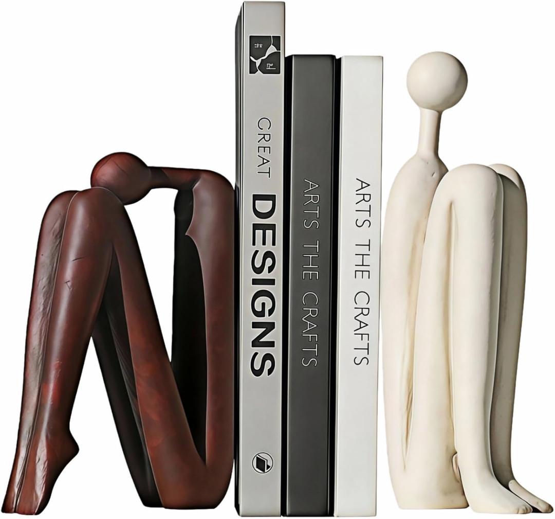 Resin Book Ends, Abstract Thinker Modern Minimalist Decorative Sculpture Bookends, Non-Slip Heavy Duty Bookends for Shelves for Home Office Shelves Desk, Set of 2 (Brown & White)