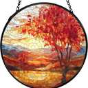 Fall Suncatchers Stained Glass Window Hanging, Rustic Farmhouse Autumn Landscape Sun Catchers Indoor Window Glass Round Wall Decor, Fall Wall Hanging Decorations, 7.9x7.9in