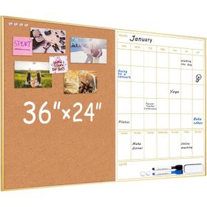 ARCOBIS Dry Erase Calendar with Cork Board, 36"x24" Magnetic White Board Calendar Dry Erase for Wall, Gold Frame Combination Board for Office, Home, School