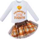 Toddler Baby Girls Thanksgiving Day Tulle Dress Mommys' Little Turkey Long Sleeve Party Skirt Set Outfit (White)