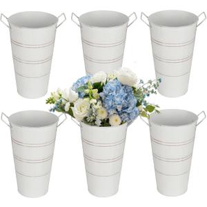 12 Inch Galvanized Flower Buckets, 6 Pcs Farmhouse Metal Flower Vases French Tin Planter Bucket for Party Wedding Centerpiece, Vintage Home Table Decor, French Country (White)