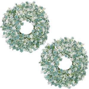 Hollyone 2Pcs Small Artificial Baby Breath Flowers Wreath 10 Inch Blue for Front Door Decor Faux Gypsophila Wreath Fake Baby Breath Flower Garland Candle Ring for Kitchen Cabinet Chairs Tabletop Decor