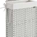 SONGMICS Slim Laundry Hamper with Lid, 14.5 Gallon (55L) Rattan Clothes Laundry Basket with Lid and Handles, Foldable, Removable Liner, Cloud White ULCB164W01 (55 L)