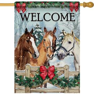Selmad Welcome Winter Horse Decorative House Flag, Fence Holly Red Berry Bow Snowy Forest Home Yard Garden Outdoor Decor, Christmas Snowflake Farmhouse Large Outside Decoration Double Sided 28 x 40
