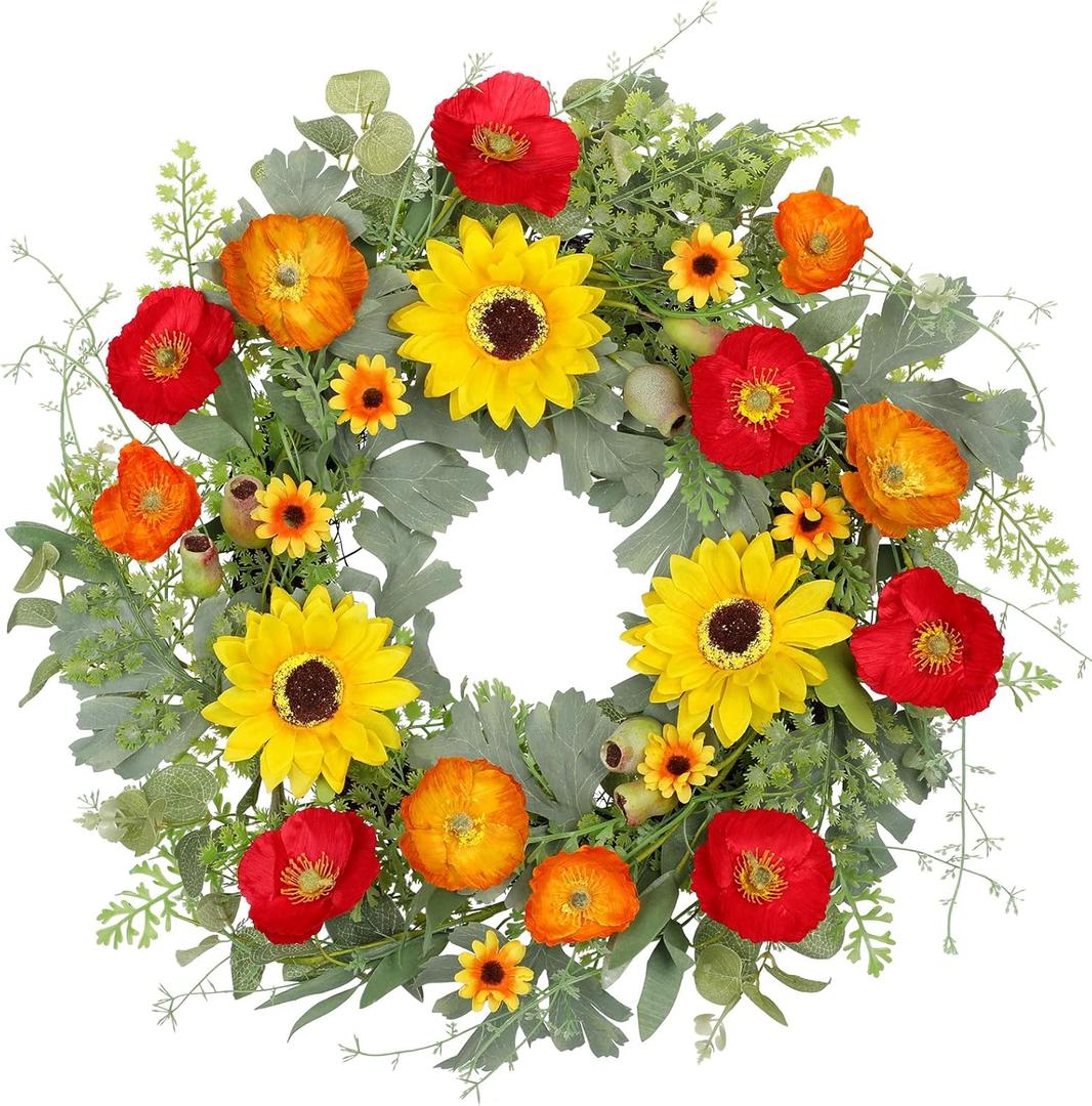 Hollyone Spring Wreaths for Front Door 20" Artificial Summer Sunflowers Poppy Wreath with Eucalyptus Leaves Fake Silk Floral Wreath for All Season Front Door Home Window Farmhouse Indoor Outdoor Decor