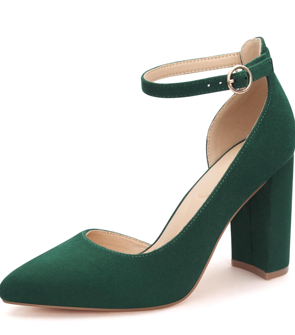 Women's Closed Toe Pumps 3-Inch Chunky Heels Pumps Ankle Strap Dress Wedding Shoes, 7,5