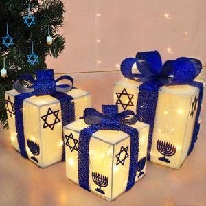 Krissing 3pcs Lighted Hanukkah Gift Boxes for Hanukkah Decorations, Christmas White and Blue Gift Boxes Decor for Chanukah Party Table Centerpieces Yard Jewish Christmas Tree Ornaments
