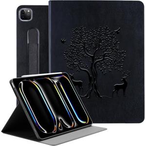 HFcoupe for iPad Pro M4 Case 13 inch 7th Gen 2024, Book Style iPad Pro case 13 in with Elastic Pencil Holder, Magnetic Closure, Embossing Print Cover Support Touch ID and Auto Wake/Sleep, Black