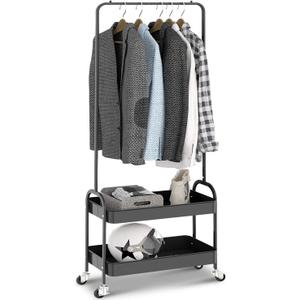 KINGRACK 2-in 1 Garment Rack, Clothing Rack with 2 Tier Metal Basket, Rolling Storage Cart Clothes Organizer Coat Rack Storage Stand on Wheels, for Home Bedroom Laundry Small Place Entryway, Black (Large)