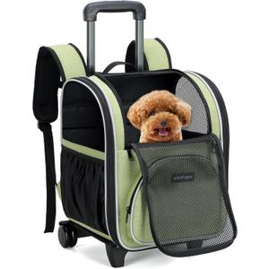 Rolling Pet Carrier Backpack with Wheels - Soft Sided Wheeled Dog Cat Carriers Bag for Under 18LBS Mesh Windows Pockets Airline Approved Travel Carrier for Small Pets Cats Dogs Puppies