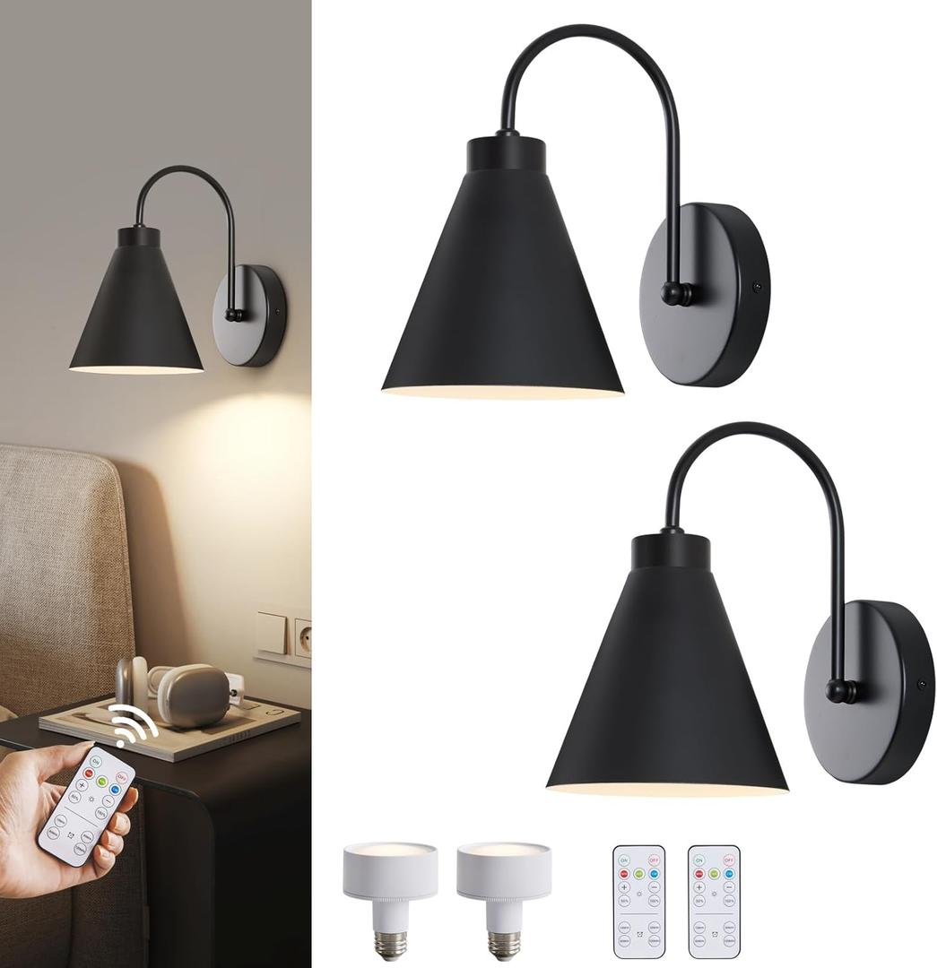 Powfloven Vintage Cordless Gooseneck Battery Operated Wall Sconces Set of 2, Black Bedside Battery Powered Wall Decor Lamps with Remote Control, Wireless Indoor LED Lights Fixture for Hallway Bedroom