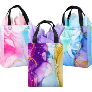 18Pcs Reusable Medium Gift Bags with Handles, 10.2" x 7.8" x 4" - Colorful Marble Party Favor Bags with Tissues for Birthday Parties, Anniversary, Shopping (Pink,Purple and Blue)