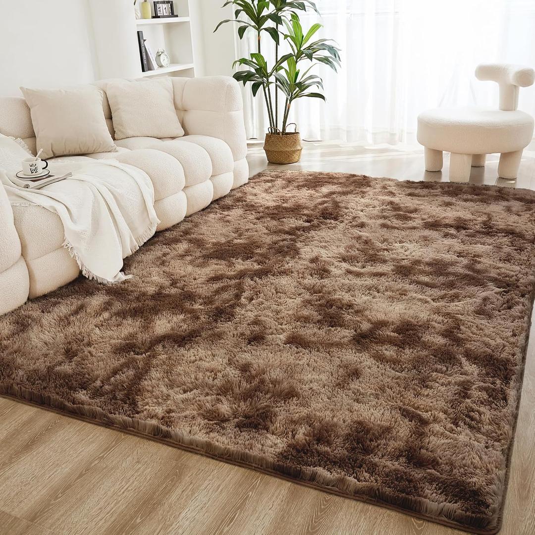 Litanika 5x8 Shag Area Rug for Living Room Bedroom, Tie-Dyed Brown High Pile Soft Plush Shaggy Furry Bedside Playroom Dorm Carpet, Non-Slip, Non-Shedding Modern Indoor Floor Rug
