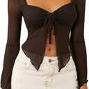 WDIRARA Women's Long Sleeve Front Tie Top Sexy Mesh Bell Sleeve Shirt (Medium, Coffee Brown)