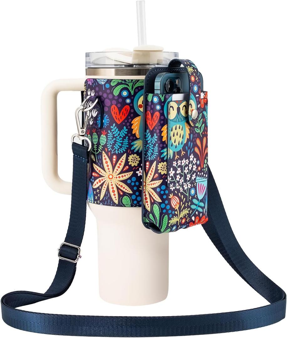 molshine Water Bottle Cover 30/40oz, Water Bottle Carrier Holder with Strap Pockets for Hiking Camping Travelling Walking DLK0042 (Owl)