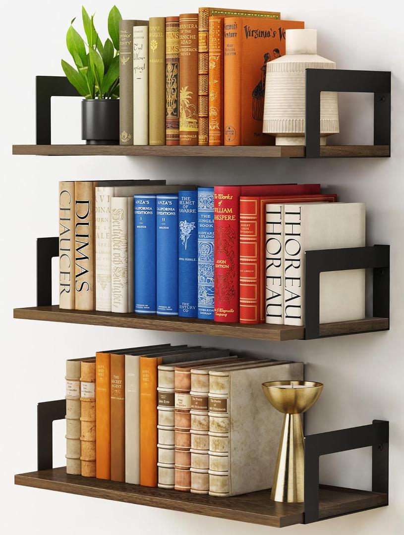 Harwaya Floating Book Shelves for Wall Set of 3, 17 x 8 Inch Deep Wooden Wall Bookshelf for Bedroom Office, Rustic Wood Hanging Wall Shelves for Living Room Kitchen