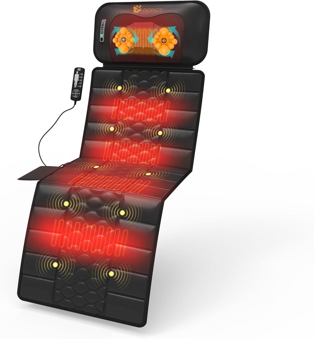 Massage Mat, Detachable Neck Massager, Full Body Vibration Heating, Massage Pad with 10 Vibrating Motors and 9 Speed Settings for Home Office Use, Gift for Men Women Parents Christmas,Black