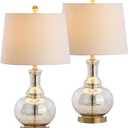 JONATHAN Y 25" Mercury Silver and Brass Gold Glass Table Lamp Set of 2 for Bedroom, Modern Bedside Lamp for Living Room Nightstand, White Linen Drum Shade, LED Bulb Included JYL1068A-SET2