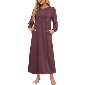 Womens Cotton Long Sleeve Nightgowns Soft Ladies Sleep Shirts Button V Neck Full Length Night Shirts Sleepwear with Pockets (Red, XL)