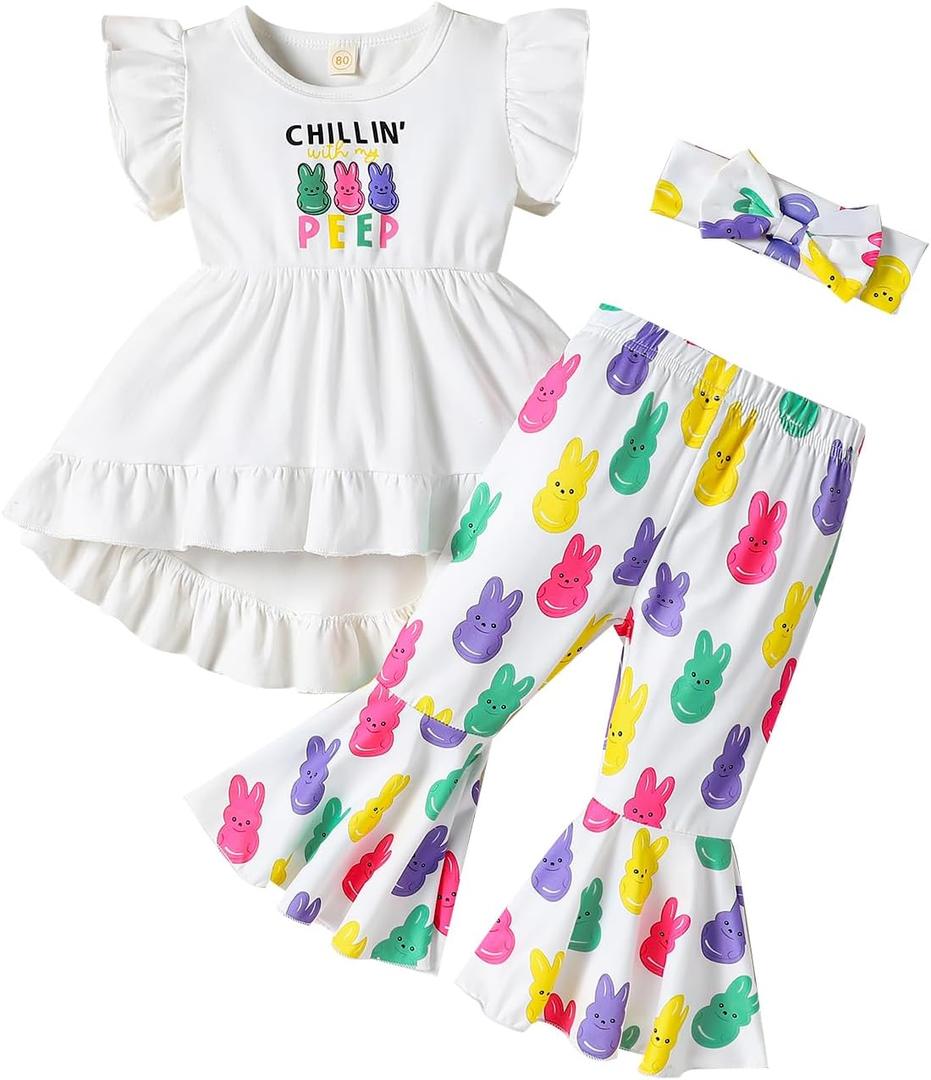 Noubeau Toddler Baby Girl Easter Outfits Ruffle Letter Rabbit Print Dress Shirt Top Leopard Bell-Bottom Flare Pant Headband