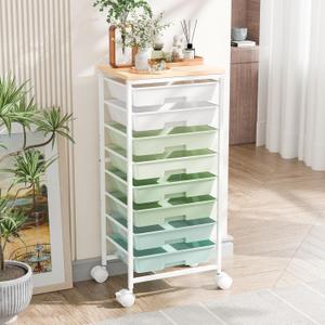 Ekisemio Rolling Cart with 8 Drawers, Storage Drawers Cart with Wooden Tabletop and Lockable Wheels, Utility Cart for Living Room, Office, Classroom, Craft Room, Green