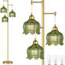 QIYIZM Gold Floor Lamp for Living Room,Bedroom,Mid Century Modern Standing Lamp Brass Tree 3 Light Tall Floor Lamps Vintage Retro Floor Lights Glass Green Flower Lamp Shade Farmhouse Boho Bohemian