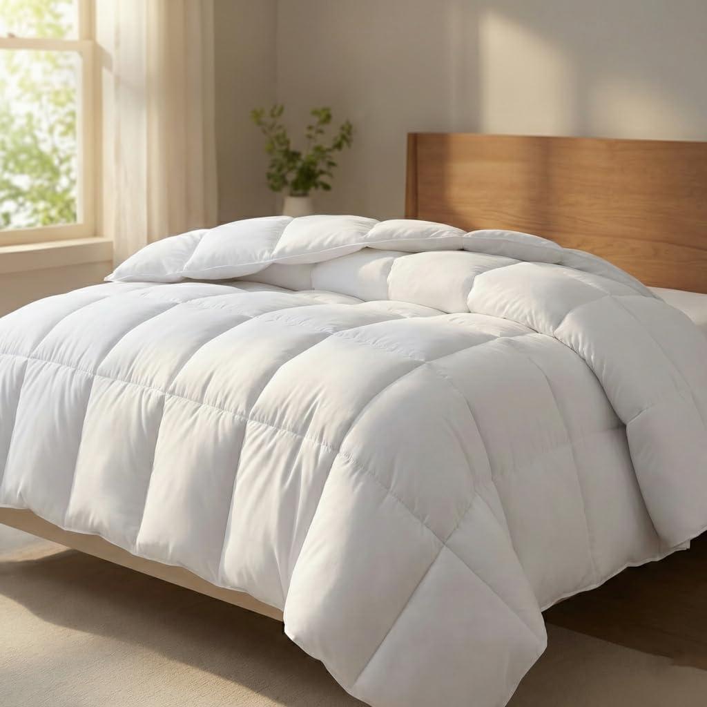 TEKAMON All Season Oversized King Comforter Winter Warm Summer Soft Quilted Down Alternative Duvet Insert Corner Tabs, Machine Washable Luxury Fluffy Reversible Collection for Hotel,White,98x116