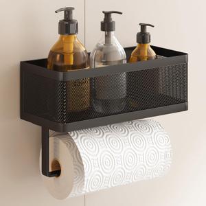 Paper Towel Holder Wall Mount with Spice Rack for Kitchen,Easy One-Handed Operation, 2-in-1 Adhesive Organizer BasketBlack Paper Towel Holder with Shelf for BathroomRV, Laundry, Garage