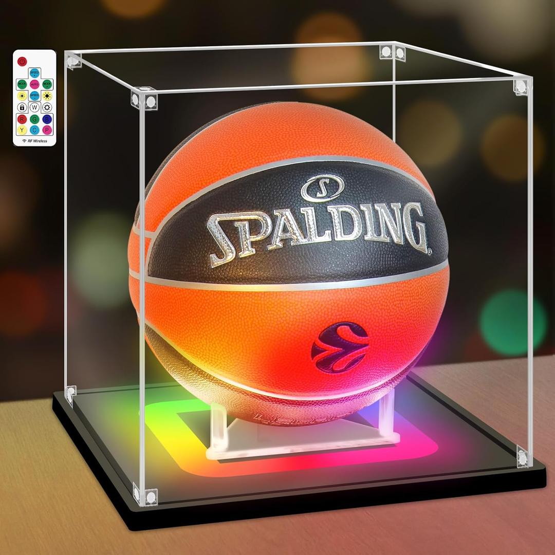NONEMEY Basketball Display Case with RGB LED Light, UV Protected Acrylic Full Size Basketball Box , Basketball Display for Autographed Ball Memorabilia Gifts (10.6x10.6x10.6 in, Black-colorful Light)