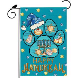 2 x Happy Hanukkah Garden Flag Dog paw Hat Dreidel Menorah Yard Flag 12x18 Inch Double Sided Small Chanukah Mini Yard Outdoor Outside Holiday Party Decoration