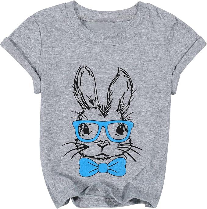 Toddler Easter Shirt Boys Girls Bunny T Shirt Rabbit with Glasses Graphic Tee Happy Easter Short Sleeve Tops Grey, 90
