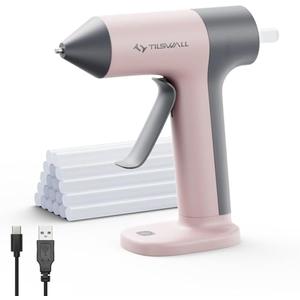 Tilswall Cordless Hot Glue Gun, 30s Fast Preheating with 2Ah Built-in Battery, Hot Melt Glue Gun with 20pcs Premius Glue Sticks, Smart Power-Off, USB-C Inputs Suitable for DIY Craft, Home Repaire Pink