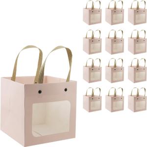Nicerity 12Pcs Small Square Gifts Bag with Transparent Window 5.9"x5.9"x5.9" Paper Bag with Handle in Bulk Paper Basket for Birthday Party Favor (Pink)