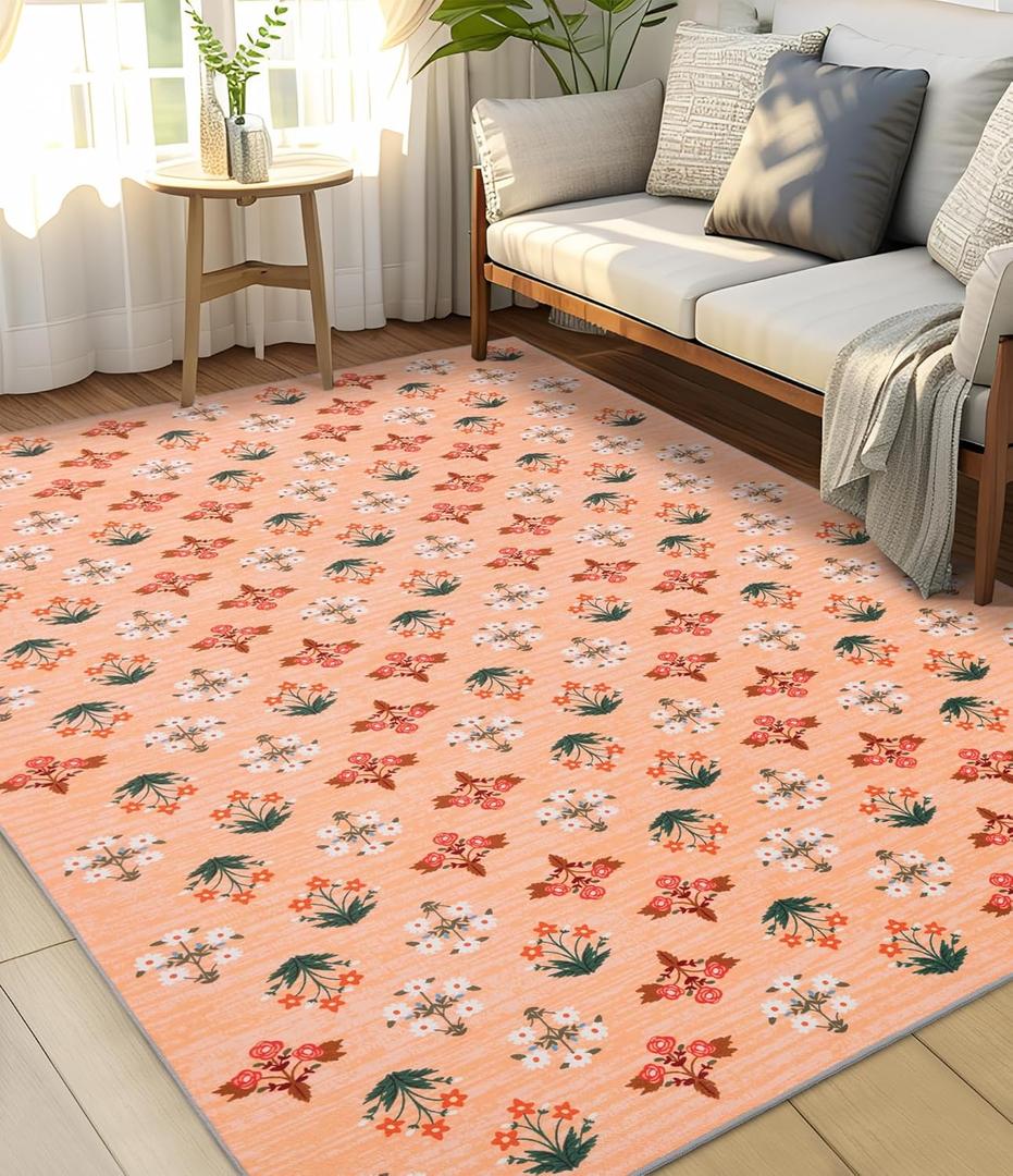 YIHOUSE Orange Floral Washable Area Rug 5'x7'- Small Colorful Living Room Rug Ultra-Thin Non-Slip Area Rug for Bedroom, Nursery Room, Kids Room (Orange, 5x7ft)