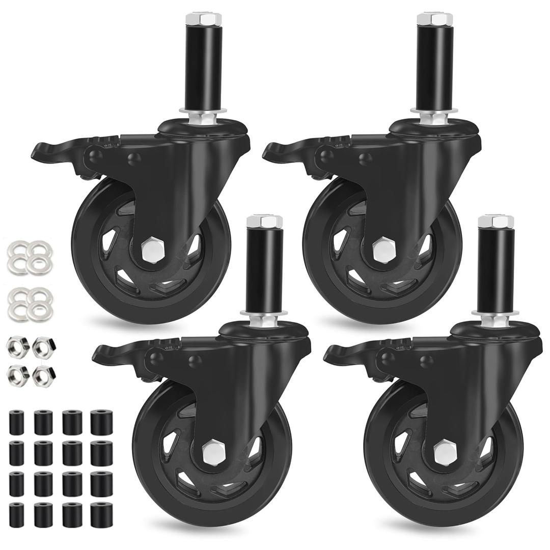 4 Inch Prep Table Wheels,Set of 4 Expanding Stem Casters, Heavy Duty Swivel Castors with Brake,Fit for 7/8",1-1/4",1-1/2"and 1-5/8" ID Tube Leg for Stainless Steel Table,Cart,Workbench