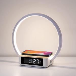 WILIT Bedside Lamp,Wood Grain NightLight for Bedroom with Alarm Clock,Touch Lamp with Wireless Charger,Wake-up Light,3-Grade Dimmable Nightstand Light,Birthday Gifts for Her,Mom,Daughter,Girlfriend