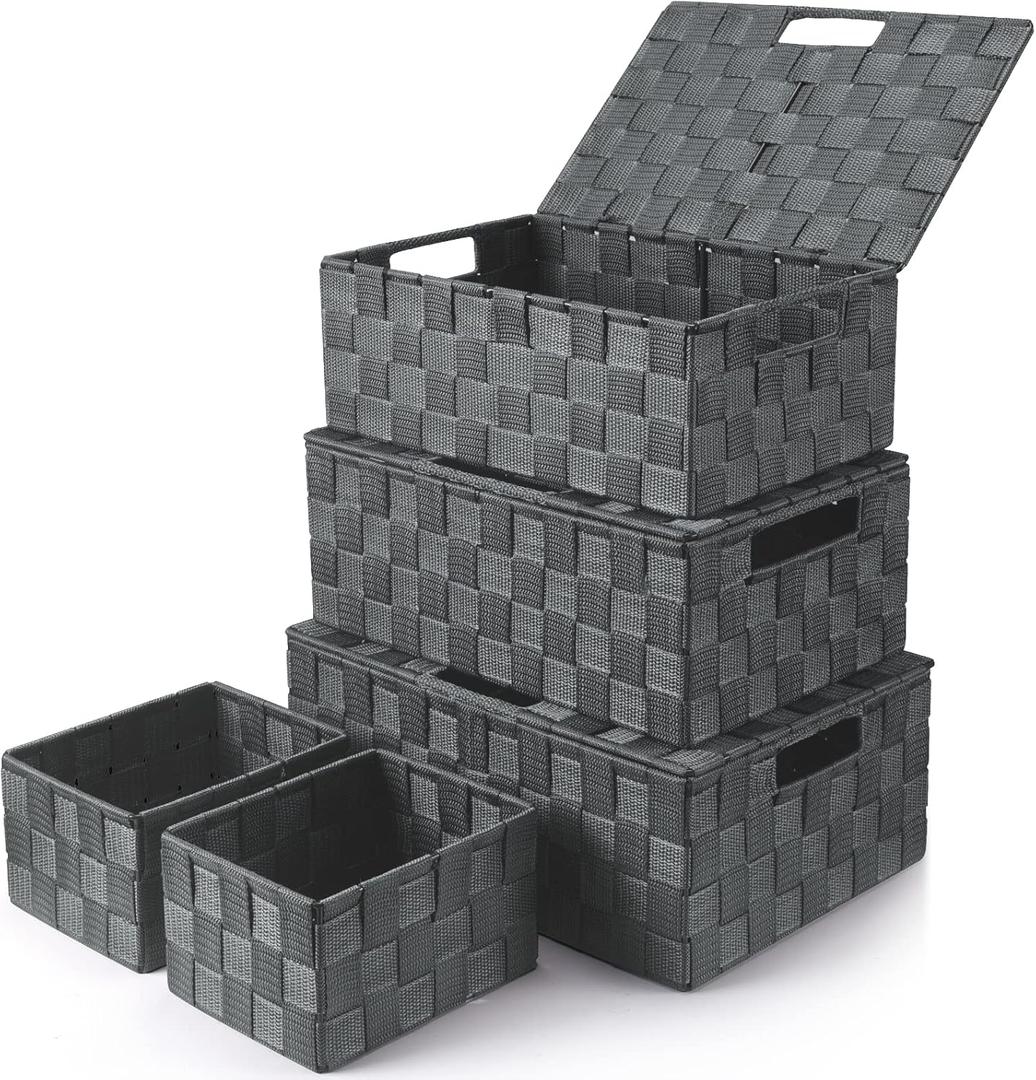 Uvellgift Storage Bins with Lids, Woven Storage Box Organizer Containers Decorative Baskets Cube for Clothes Bedroom Closet Office (5 Pack, Grey)
